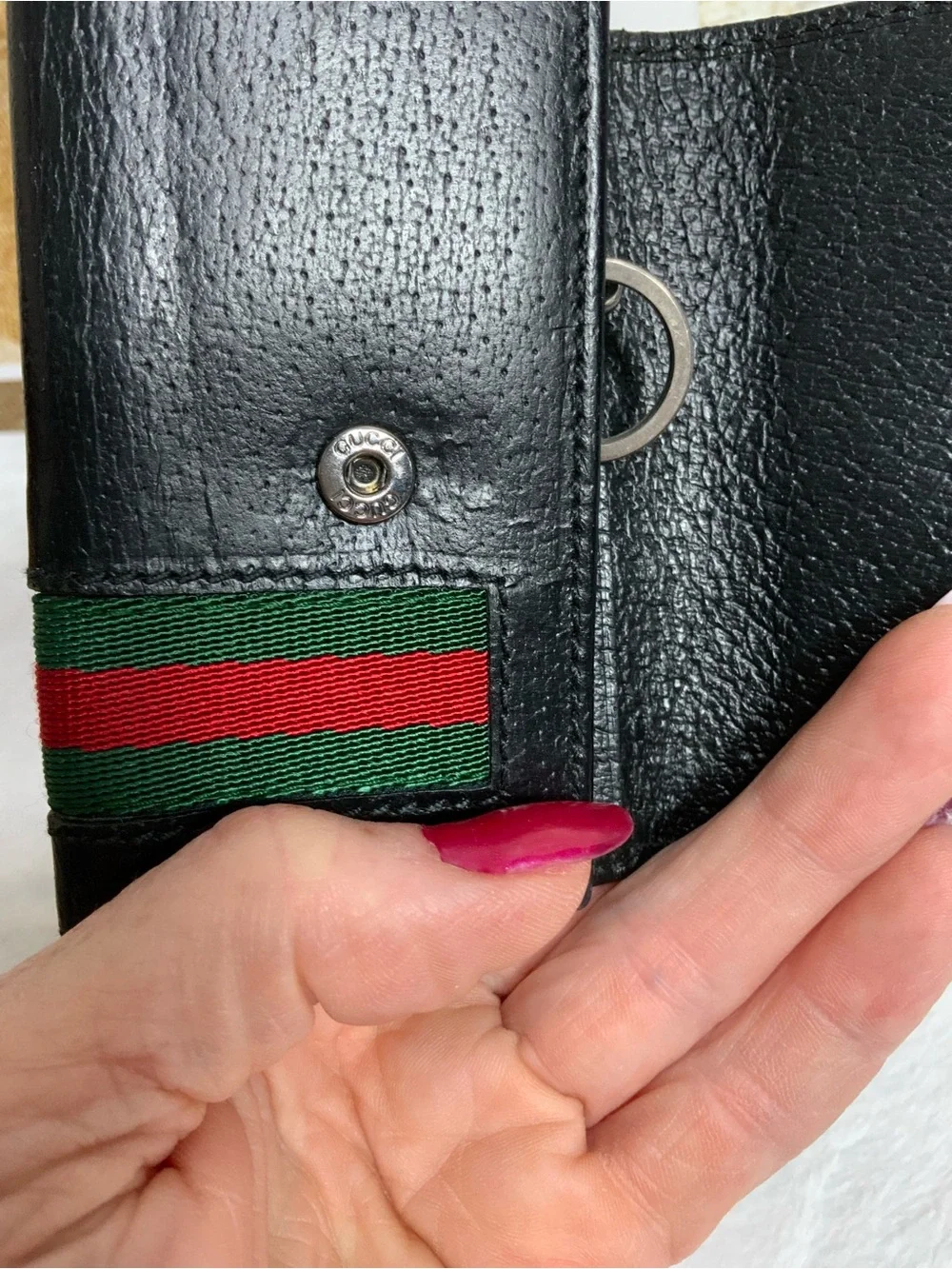Gucci Black Leather Key & Card Holder with Green and Red Web Stripe